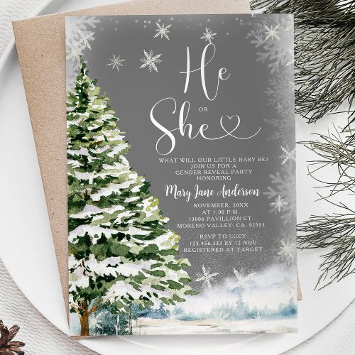 White Snowflakes He or She Winter Gender Reveal Invitation