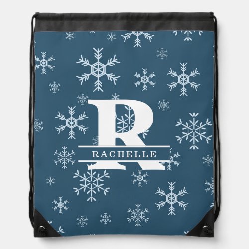 White Snowflakes in Blue Background Drawstring Bag