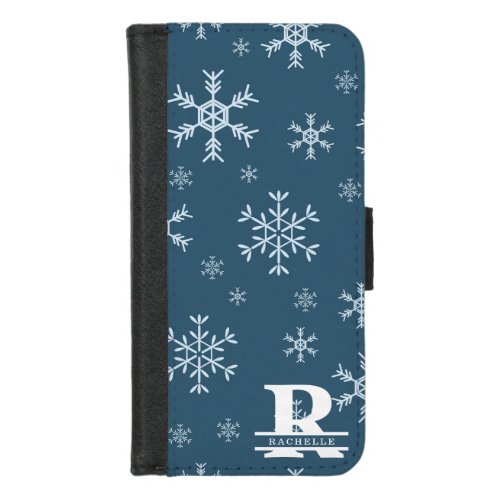 White Snowflakes in Blue Background iPhone 87 Wallet Case