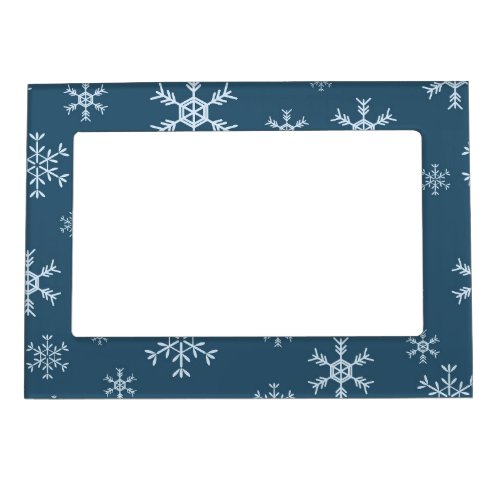 White Snowflakes in Blue Background Magnetic Frame
