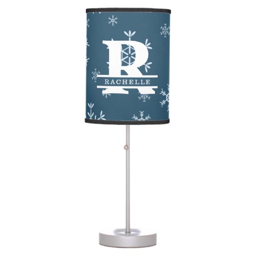White Snowflakes in Blue Background Table Lamp