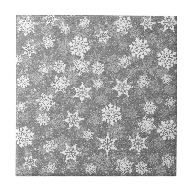 White Snowflakes Luxurious Gray Elegant Christmas Ceramic Tile (Front)