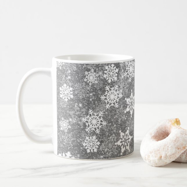 White Snowflakes Luxurious Gray Elegant Christmas Coffee Mug (With Donut)