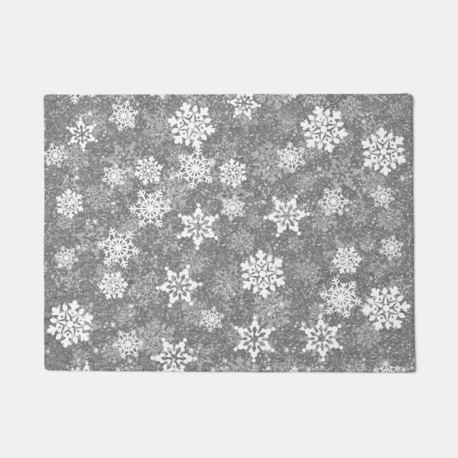 White Snowflakes Luxurious Gray Elegant Christmas Doormat (Front)