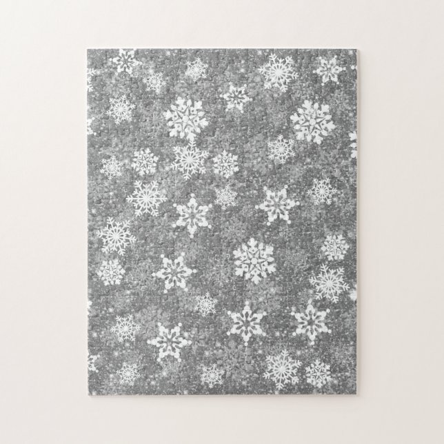 White Snowflakes Luxurious Gray Elegant Christmas Jigsaw Puzzle (Vertical)