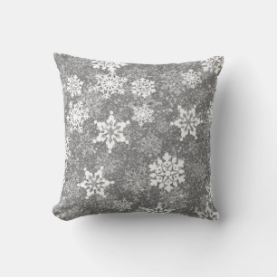 White Snowflakes Luxurious Gray Elegant Christmas Throw Pillow