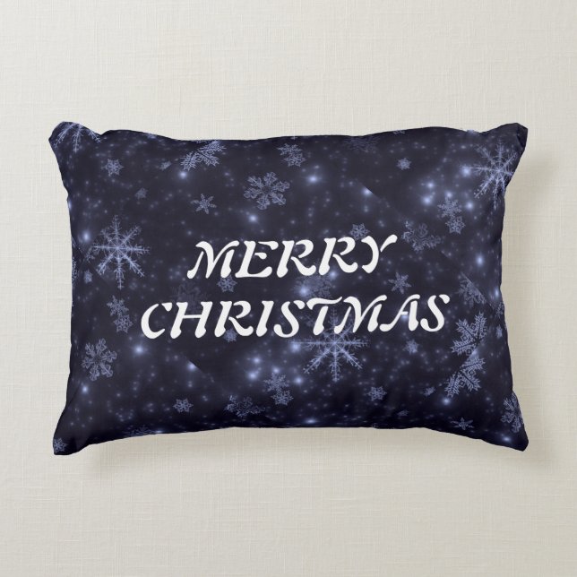 White Snowflakes Midnight Blue Background Decorative Pillow (Front)