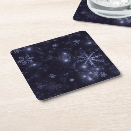 White Snowflakes Midnight Blue Paper Coasters