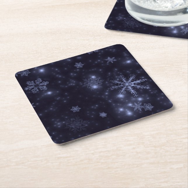 White Snowflakes Midnight Blue Paper Coasters (Angled)