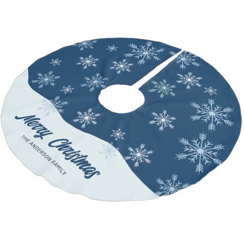 White Snowflakes Modern Script Blue Christmas Brushed Polyester Tree Skirt