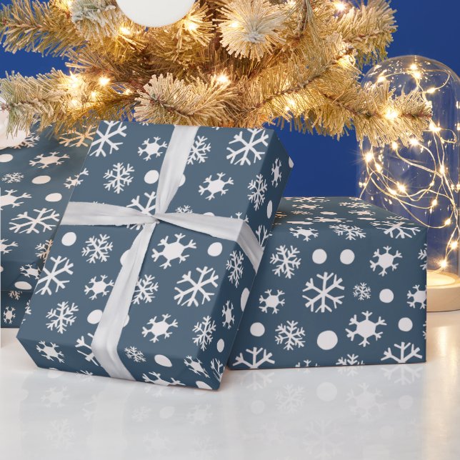 White Snowflakes Modern Steel Blue Christmas Wrapping Paper (Holidays)