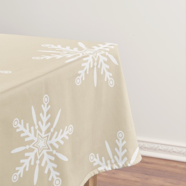 White snowflakes on beige Xmas tablecloth. Tablecloth (In Situ)