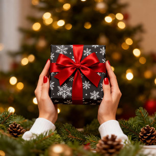White Snowflakes On Black Background Christmas Wrapping Paper
