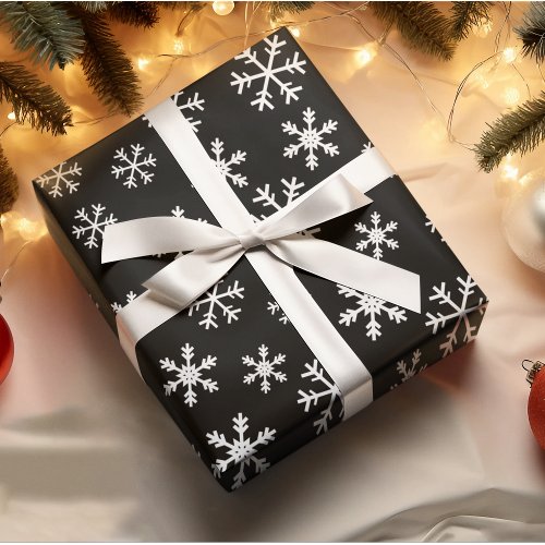 White Snowflakes On Black Background Christmas Wrapping Paper