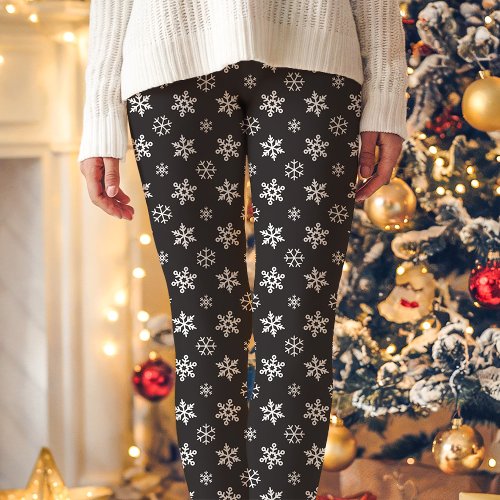 White Snowflakes On Black Cute Christmas Leggings