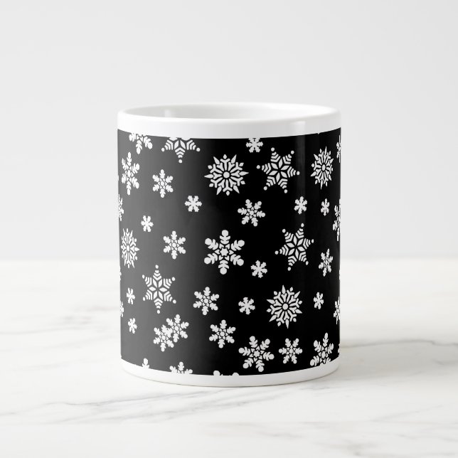White Snowflakes on Black  Giant Coffee Mug (Front)