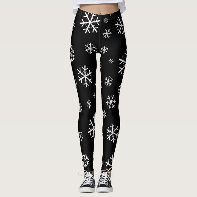 White Snowflakes on Black Leggings (Front)