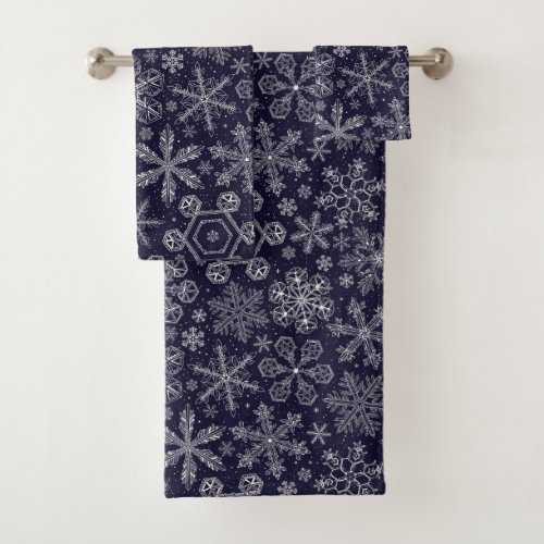 White Snowflakes on blue Bath Towel Set