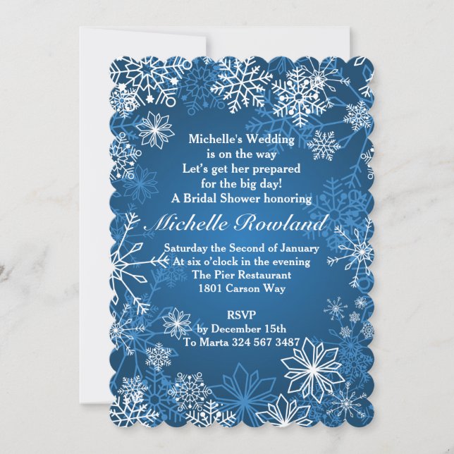 White snowflakes on blue Christmas Bridal Shower Invitation (Front)