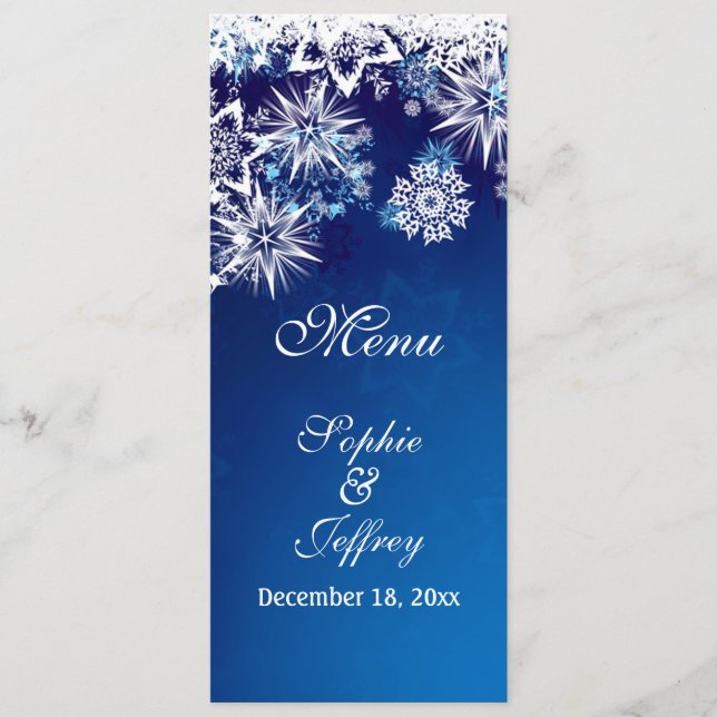 White snowflakes on blue Christmas Wedding Menu (Front)