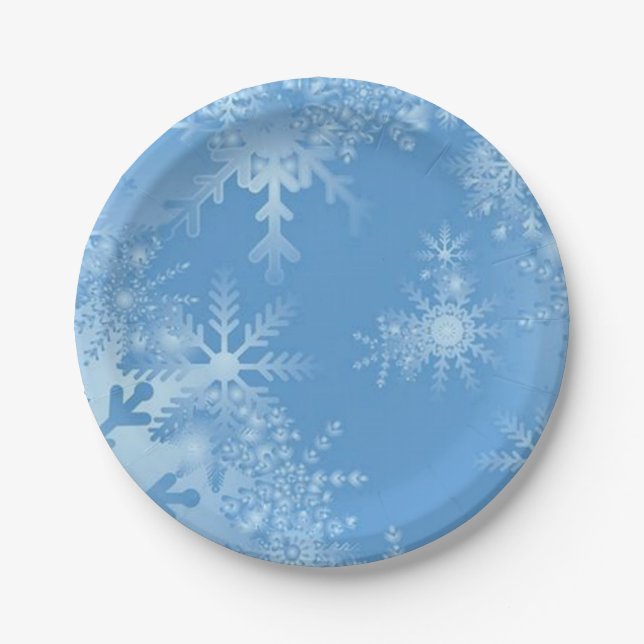 White Snowflakes on Blue Christmas Winter Party Paper Plates (Front)