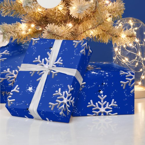 White Snowflakes on Blue Christmas Wrapping Paper