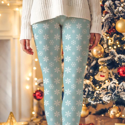 White Snowflakes On Blue Cute Christmas Leggings