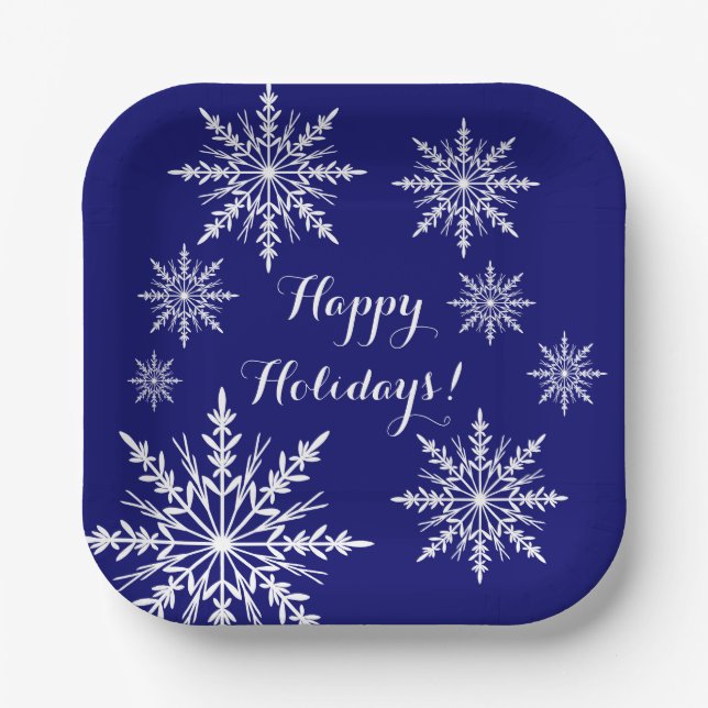 White Snowflakes on Blue Happy Holidays Paper Plates (Front)