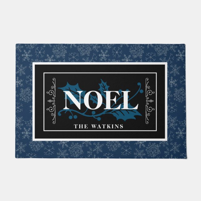 White Snowflakes on Blue , NOEL, Personalized Doormat (Front)