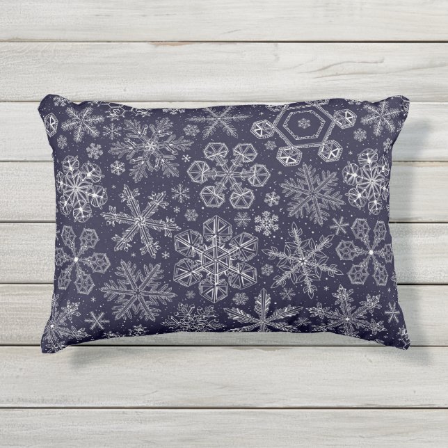 White Snowflakes on blue Outdoor Pillow (Front)