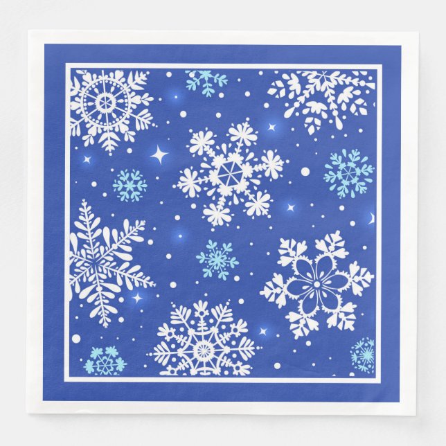 White Snowflakes On Blue Paper Dinner Napkins (Front)