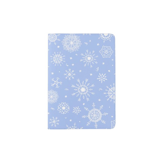 White snowflakes on blue passport holder (Front)
