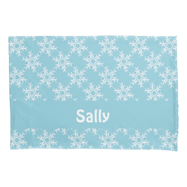 White snowflakes on blue pillow case (Front)