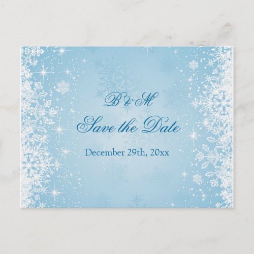 White snowflakes on blue Save the date Postcard