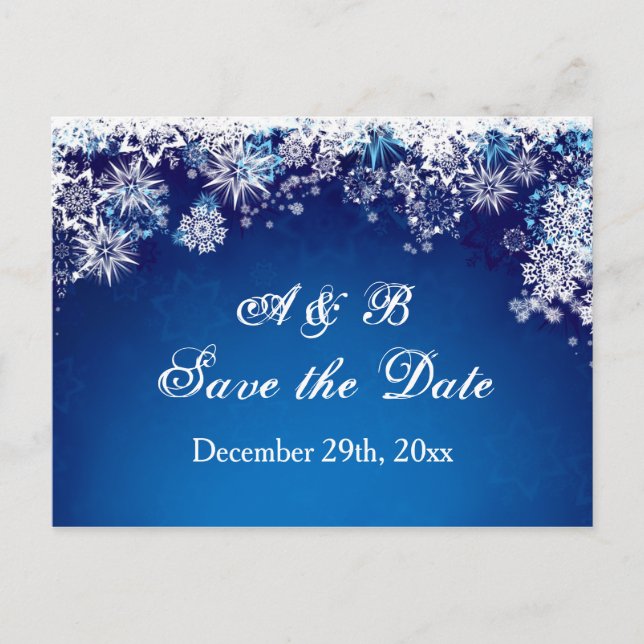 White snowflakes on blue Save the date Postcard (Front)