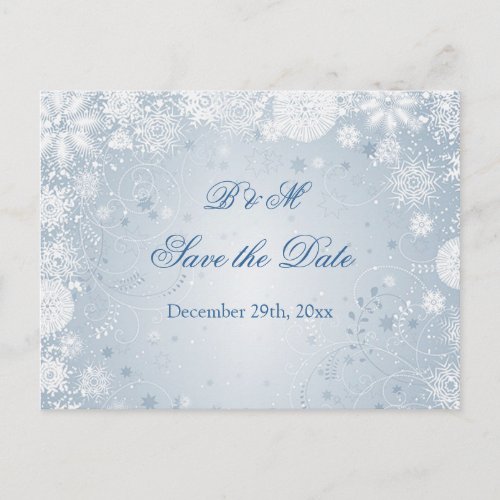 White snowflakes on blue Save the date Postcard