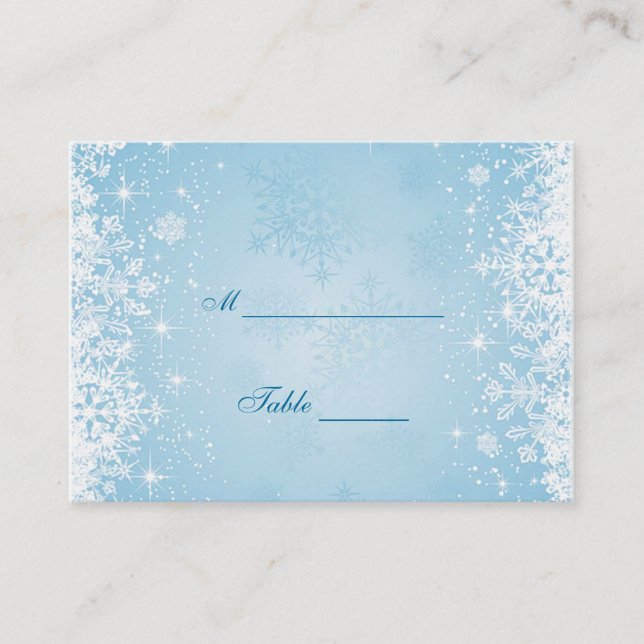 White snowflakes on blue Table Place card (Front)