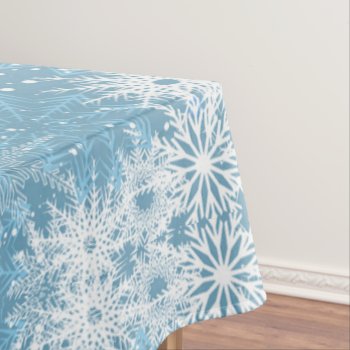White Snowflakes On Blue Tablecloth by WhitewavesChristmas at Zazzle