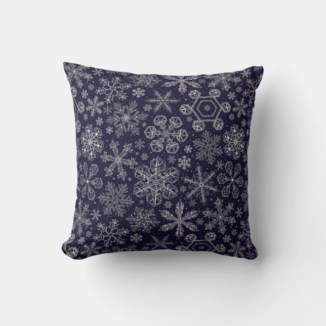 White Snowflakes on blue Throw Pillow (Front)