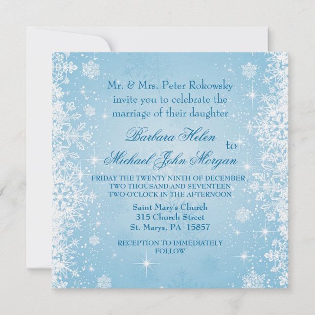 White snowflakes on blue Wedding Invitation (Front)