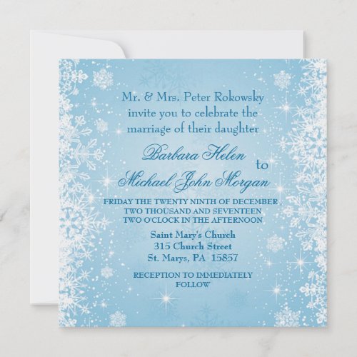 White snowflakes on blue Wedding Invitation