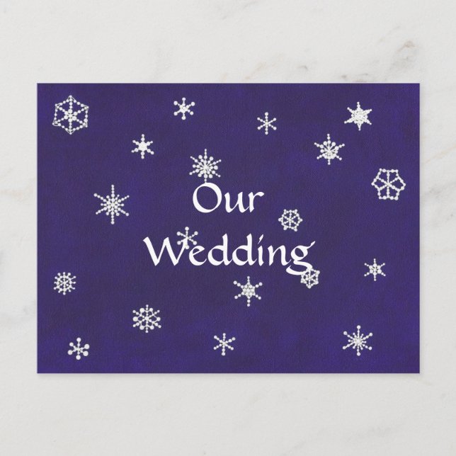 White Snowflakes on Blue Wedding Invite Postcards (Front)