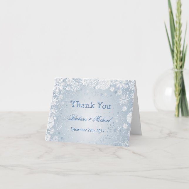 White snowflakes on blue Wedding Thank You Note (Front)