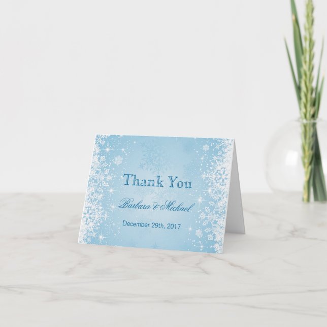 White snowflakes on blue Wedding Thank You Note (Front)