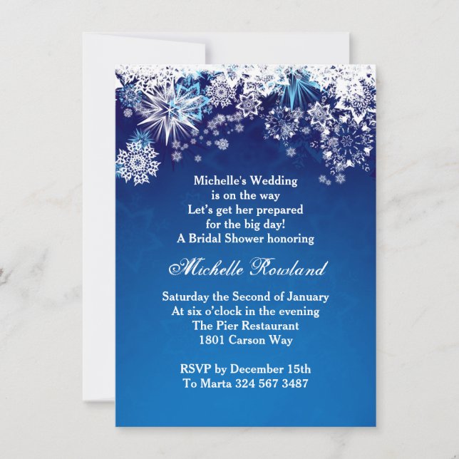 White snowflakes on blue winter Bridal Shower Invitation (Front)