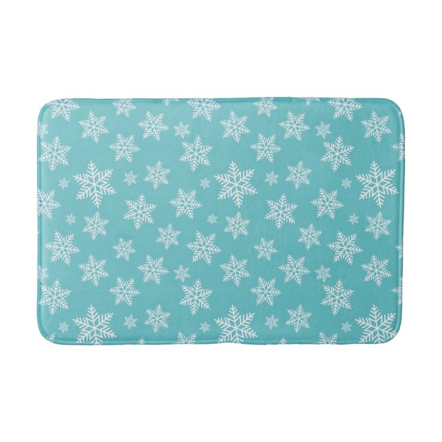 White Snowflakes on Blue Winter Pattern Bath Mat (Front)