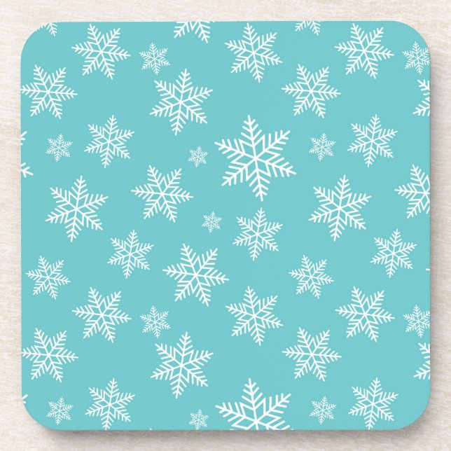 White Snowflakes on Blue Winter Pattern Beverage Coaster (Front)