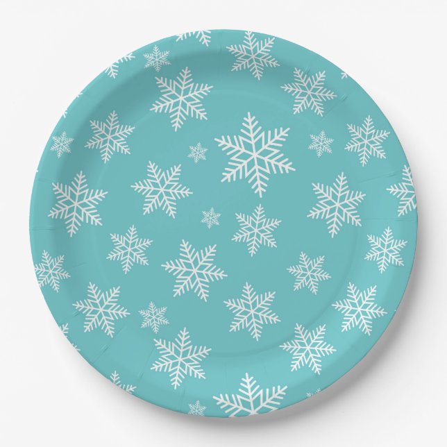 White Snowflakes on Blue Winter Pattern Paper Plates (Front)