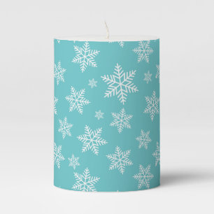 White Snowflakes on Blue Winter Pattern Pillar Candle