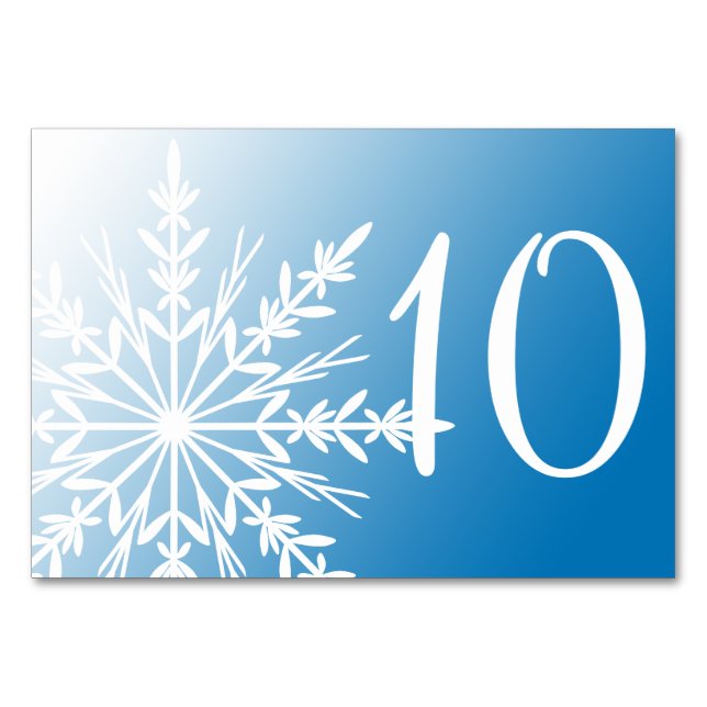 White Snowflakes on Blue Winter Table Numbers (Front)